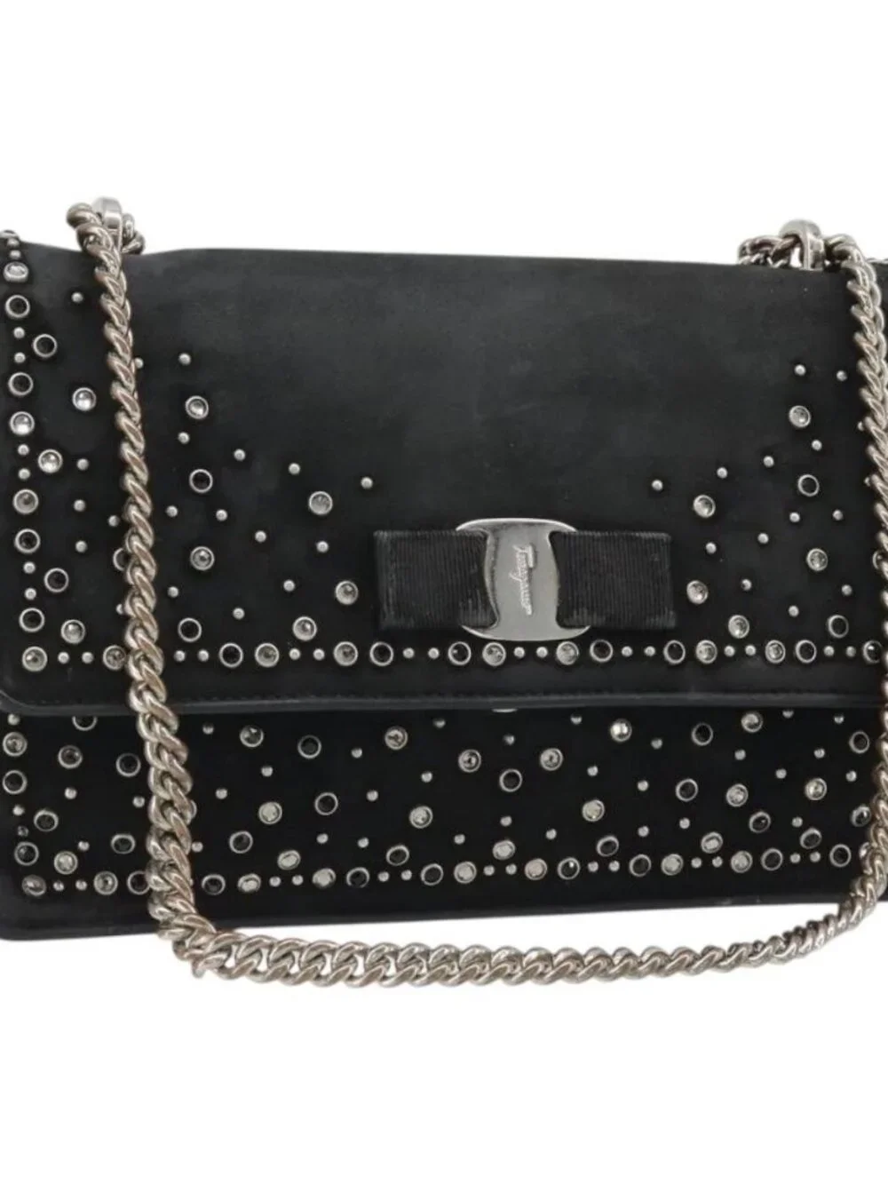 Salvatore Ferragamo Vala Chain Shoulder Bag Suede Black Silver Auth 187258A